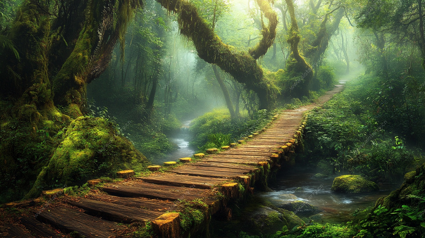 梦幻森林中的木质小径