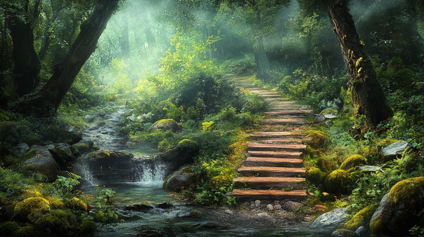 梦幻森林中的木质小径
