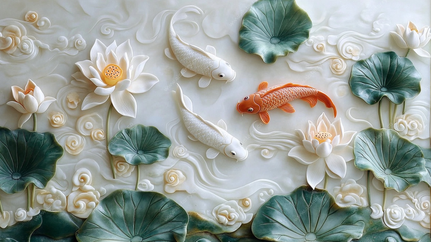 荷花锦鲤浮雕装饰画