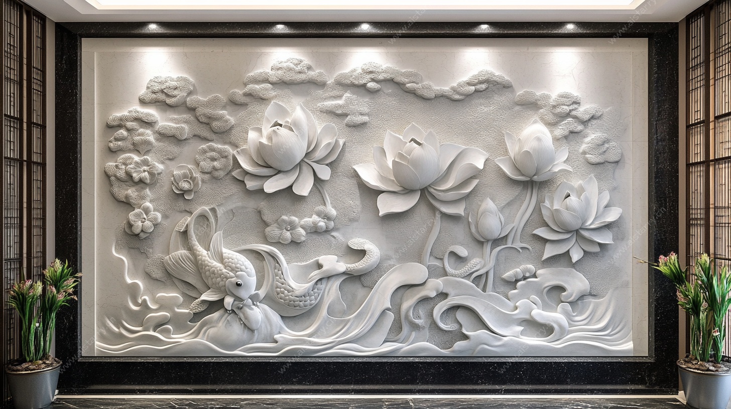 中式莲花浮雕艺术背景墙