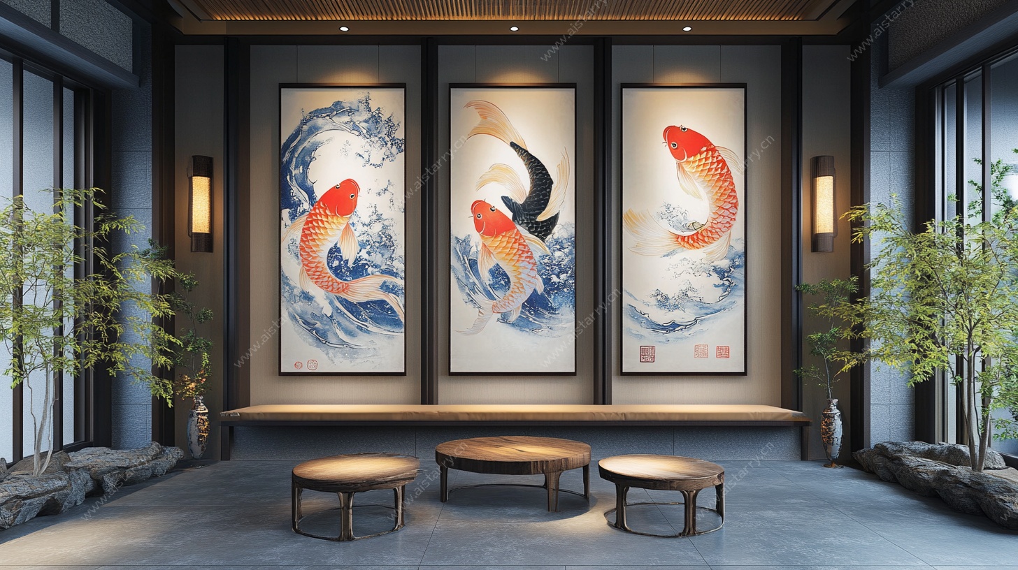 中式客厅锦鲤挂画装饰