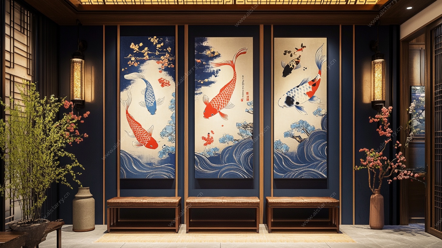 中式玄关 锦鲤挂画装饰