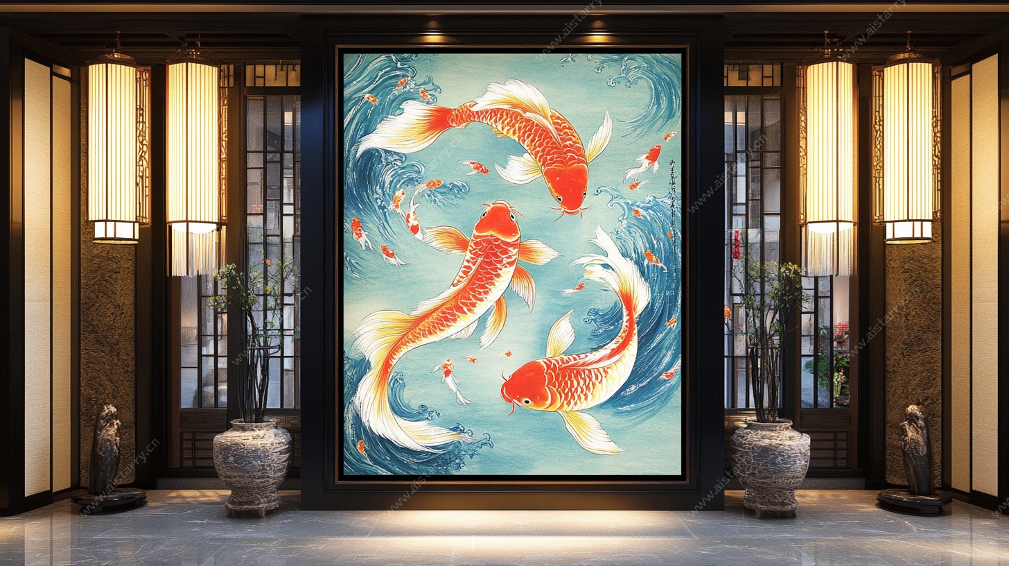 中式玄关锦鲤艺术壁画