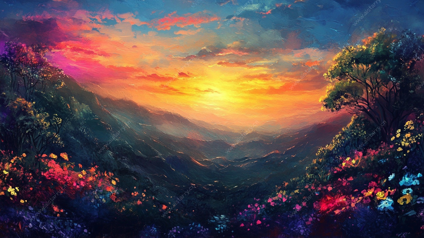 梦幻山谷中的绚丽日落