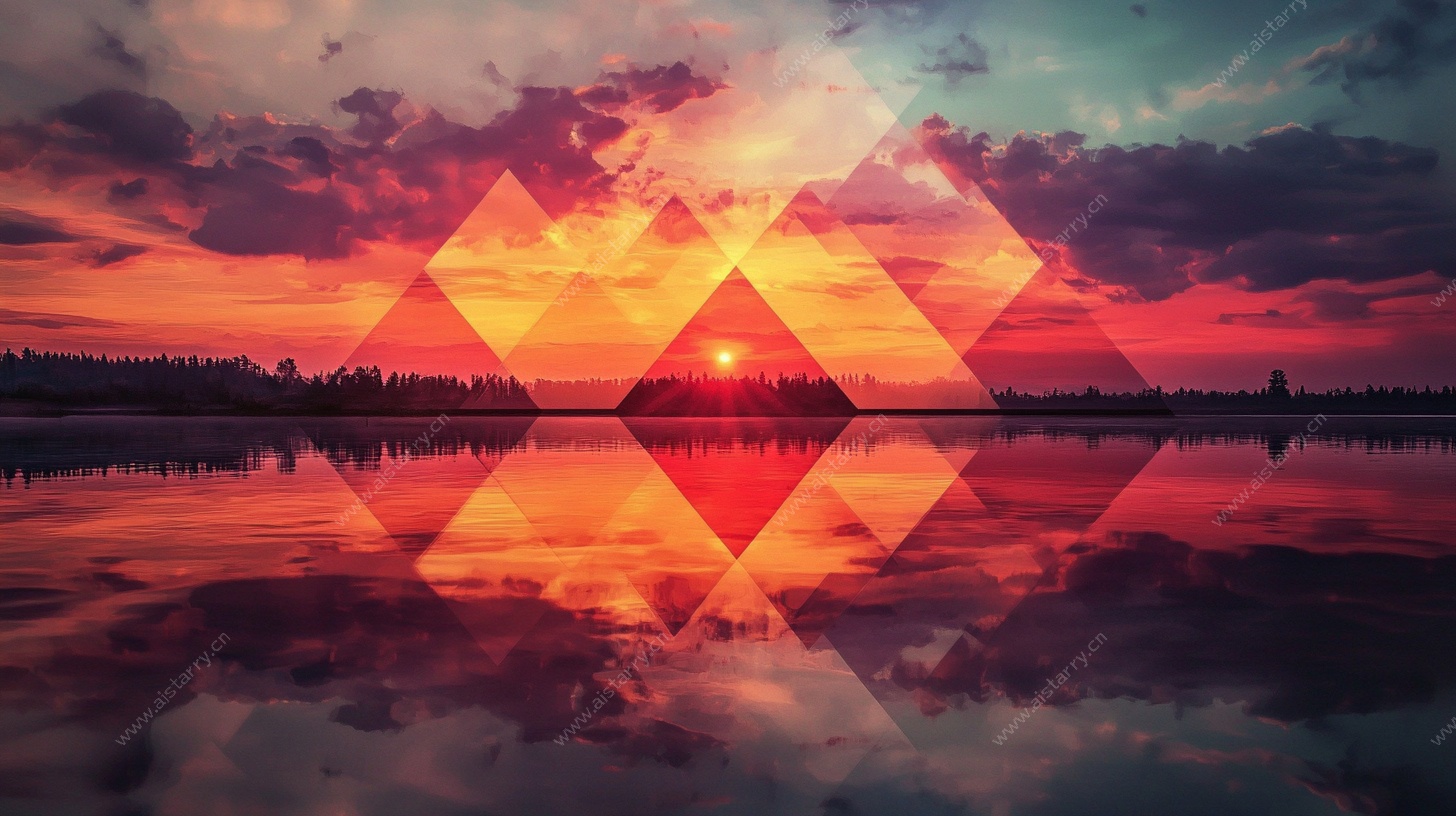 梦幻几何日落湖面美景