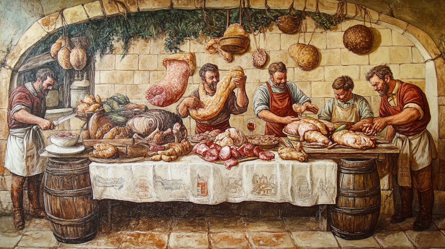 中世纪肉类加工场景图