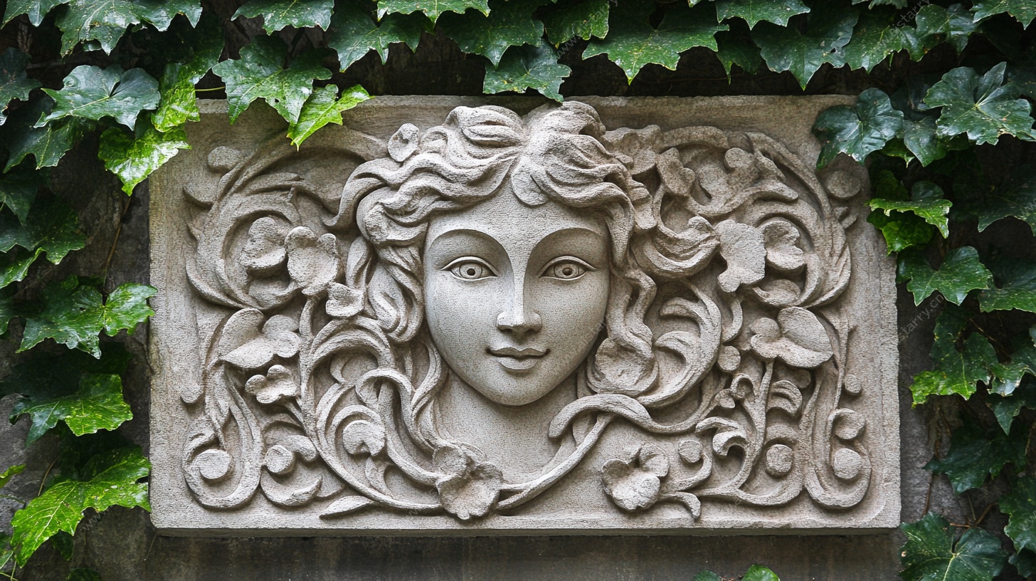 石雕美女头像 绿植环绕
