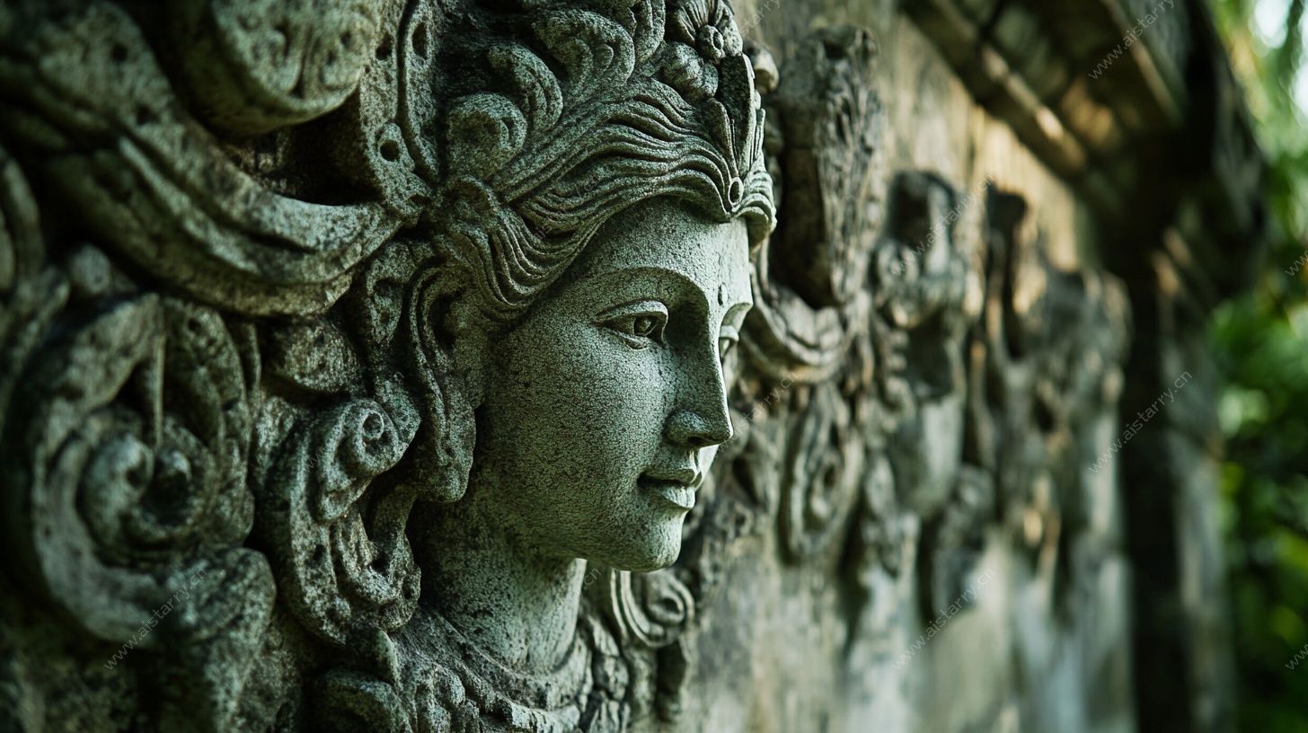 古老石雕女神像特写