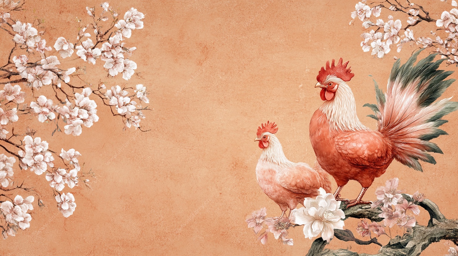 春日双鸡栖于繁花枝头