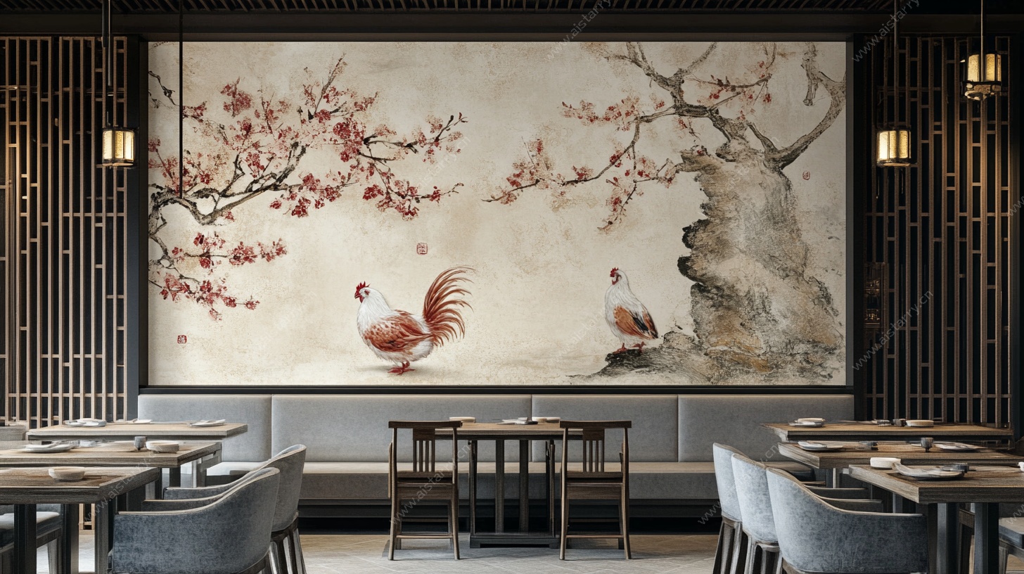 中式餐厅内的花鸟壁画装饰