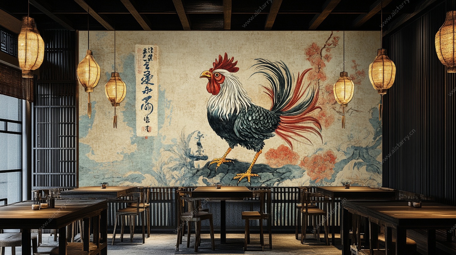 中式餐厅公鸡主题壁画场景