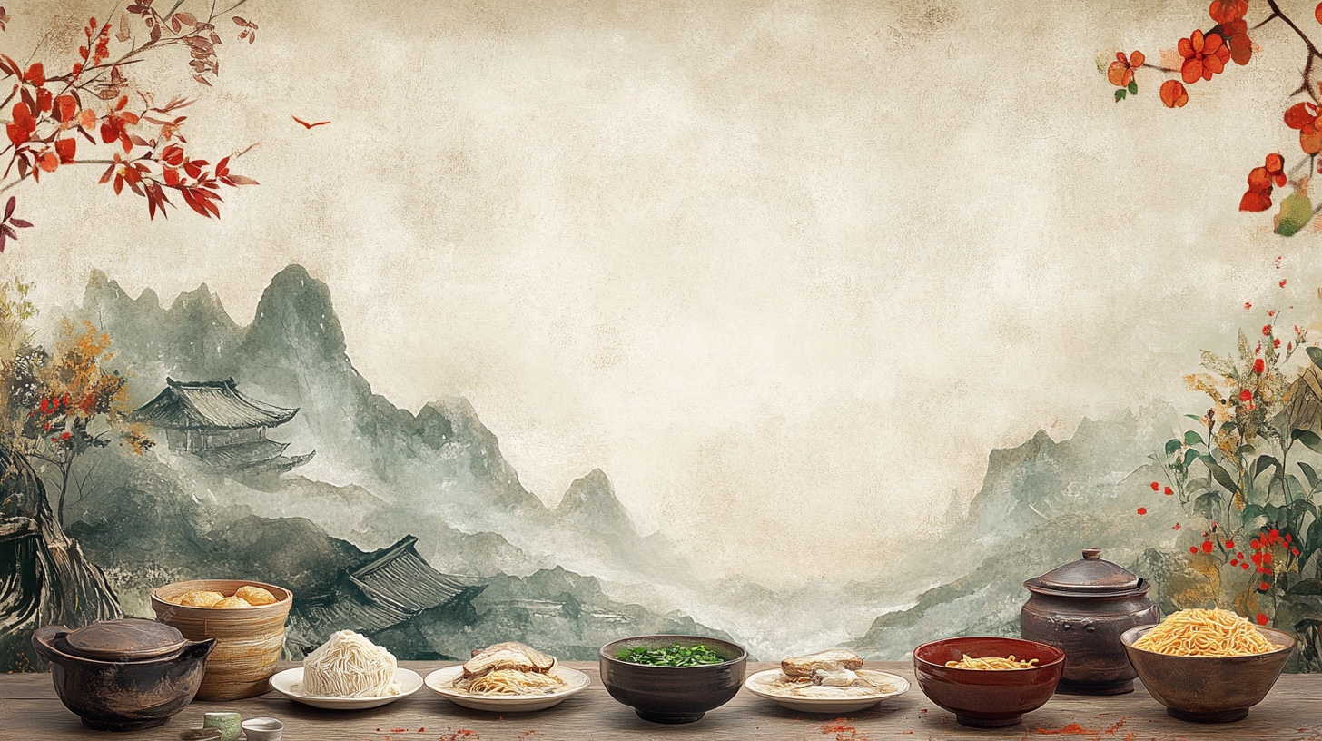 中式古风美食与山水背景
