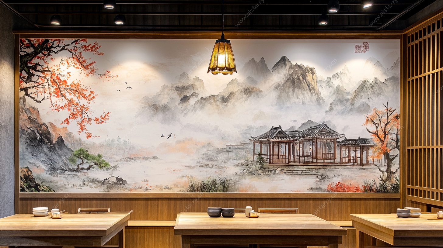 中式茶室山水壁画场景