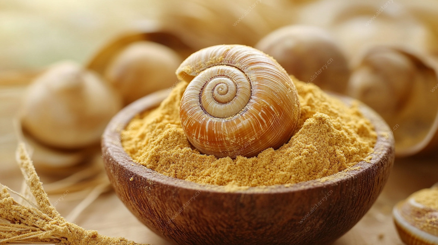 木碗中的蜗牛壳与黄色粉末