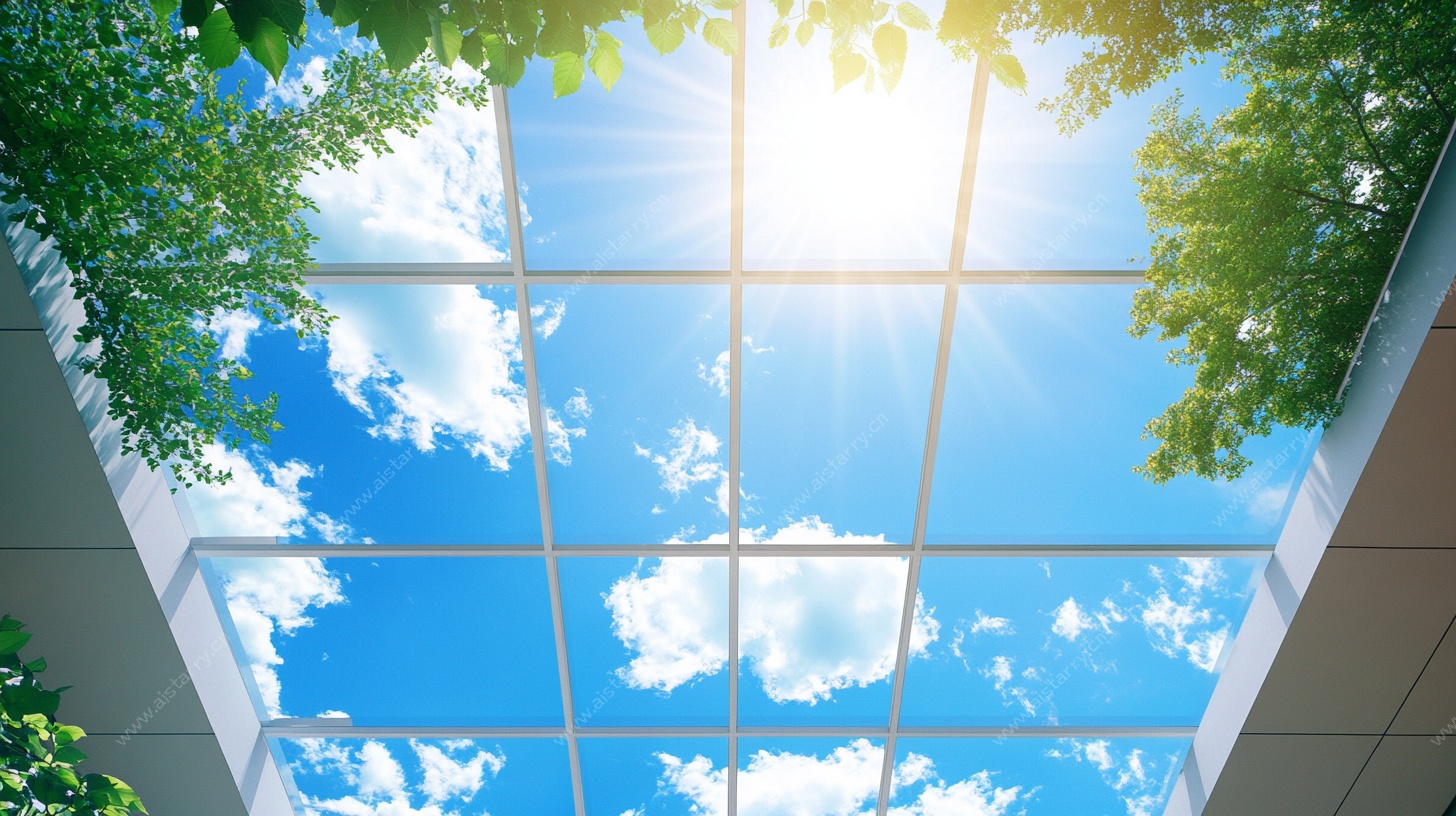 透过天窗看蓝天绿叶