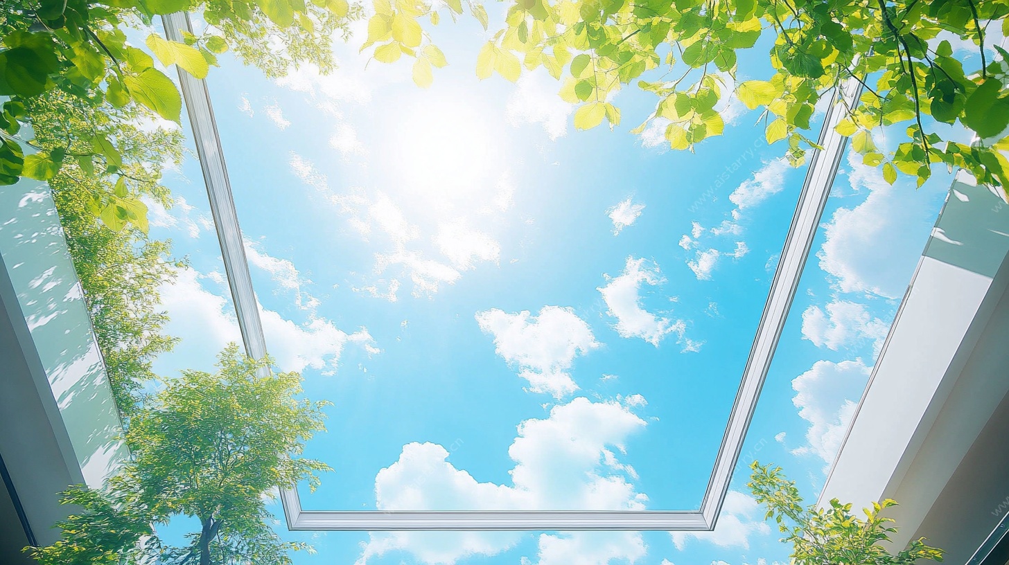 透过天窗看蓝天绿树