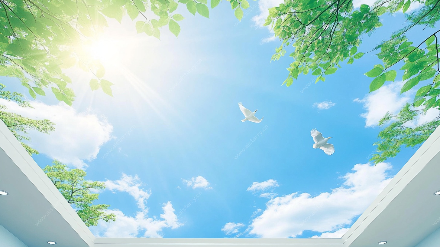 室内天花板蓝天白云景象
