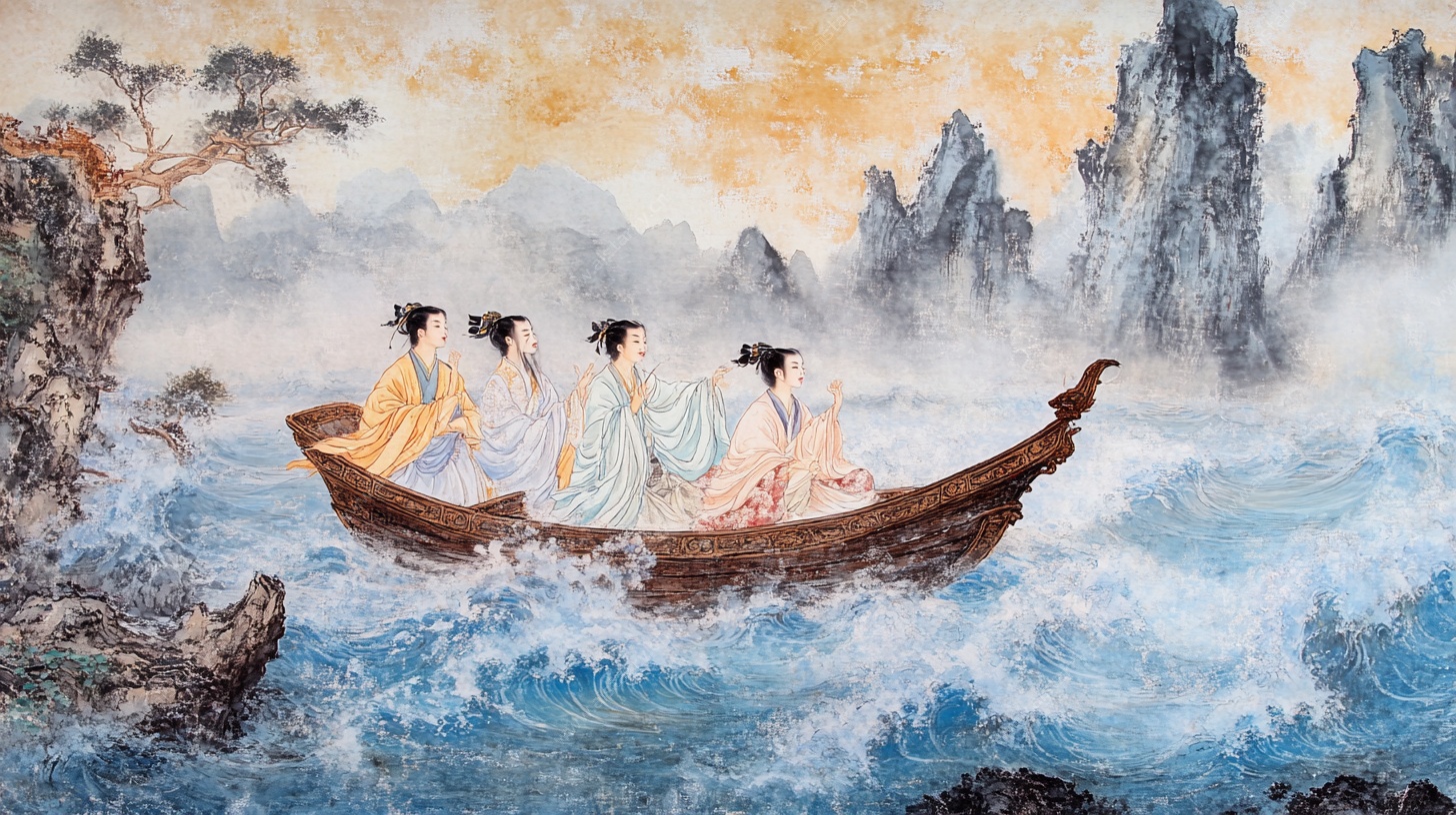 古风仕女泛舟山水图