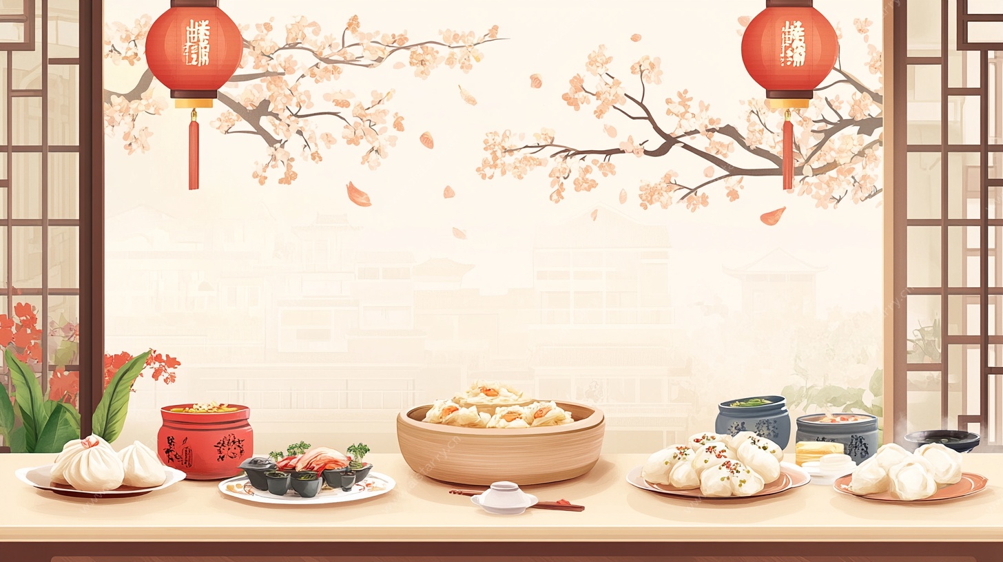 中式餐桌美食与传统装饰