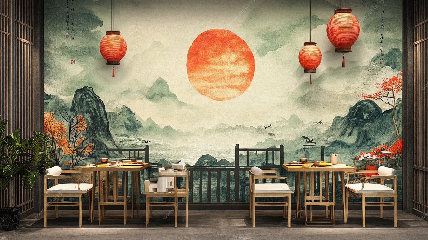 中式餐厅 山水红日装饰画