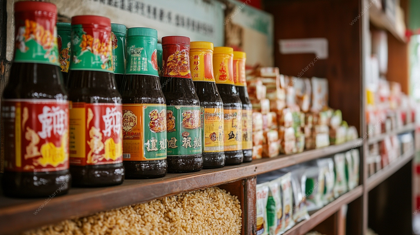 传统货架上的多样调味品
