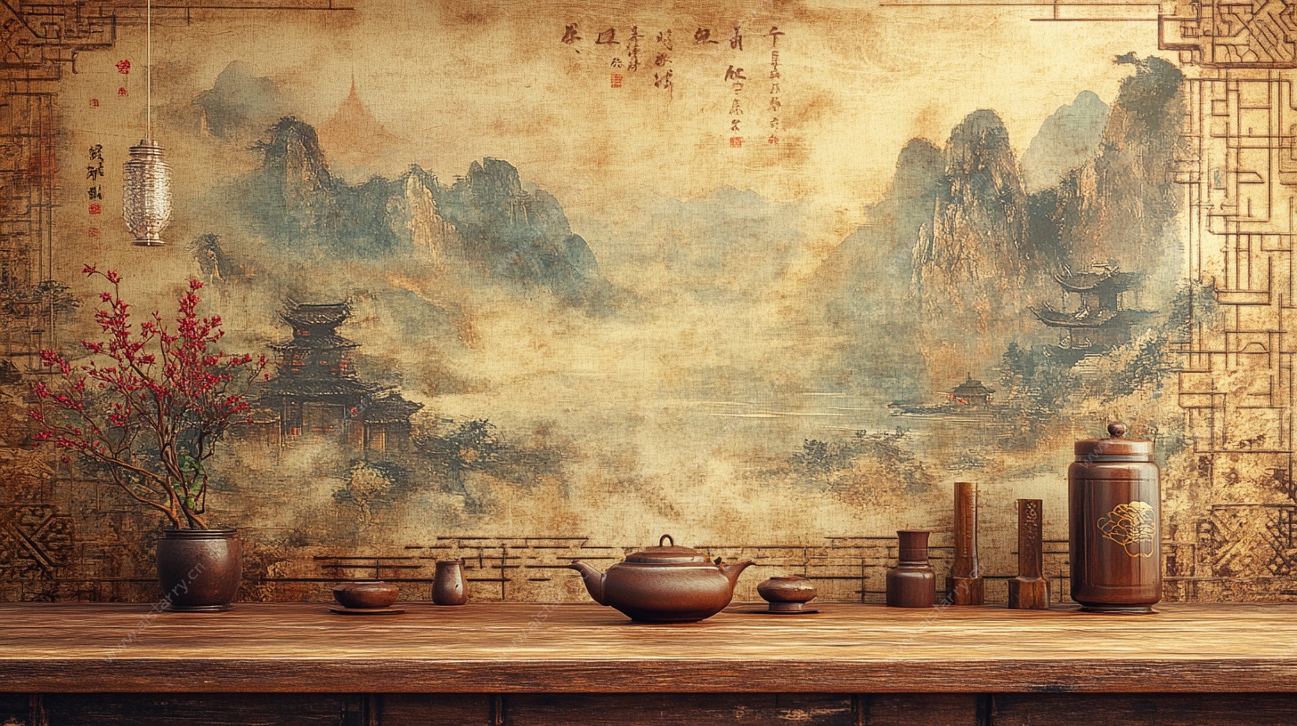 中式古风茶室山水意境图