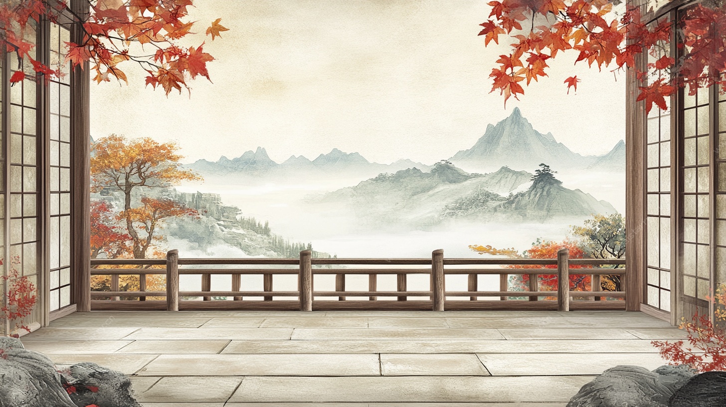 中式窗景下的秋山幽景