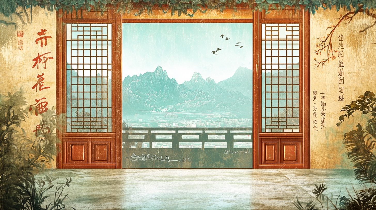 中式古风门窗山水风景图