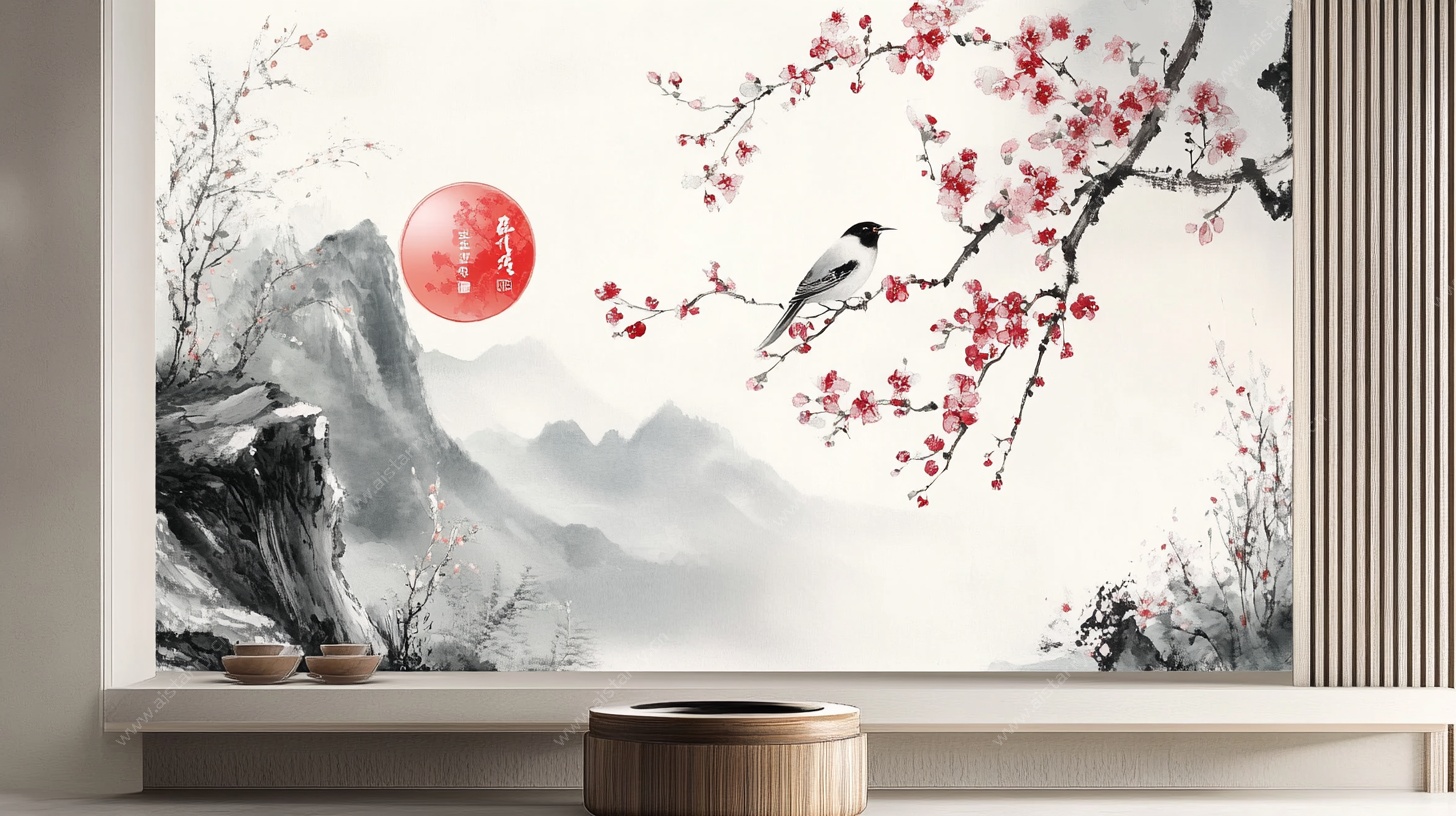中式花鸟山水意境壁画