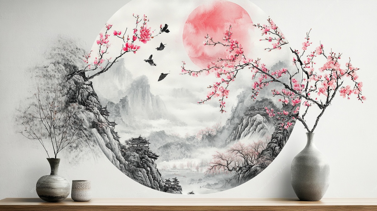 中式圆形山水花鸟壁画