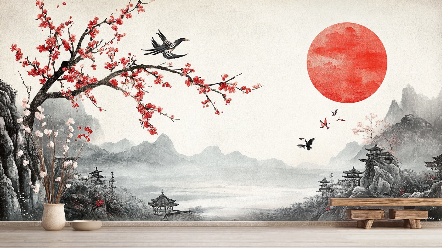 中式山水花鸟意境壁画