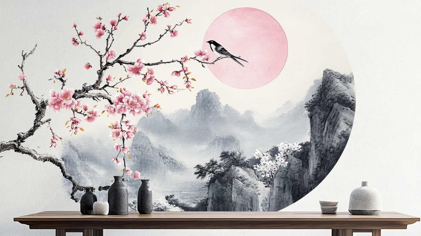 中式花鸟山水墙绘背景