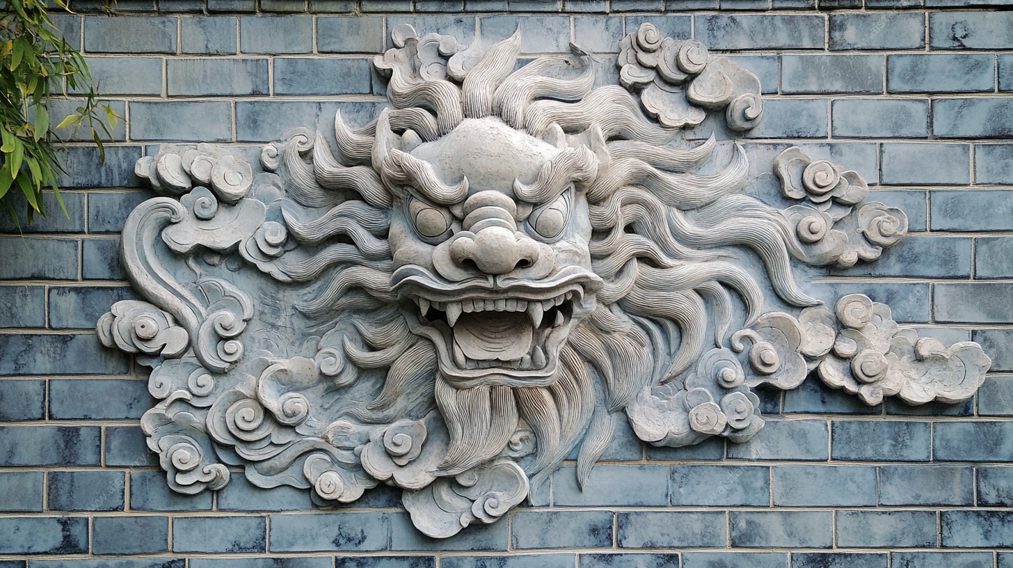 青砖墙上的石雕龙头装饰