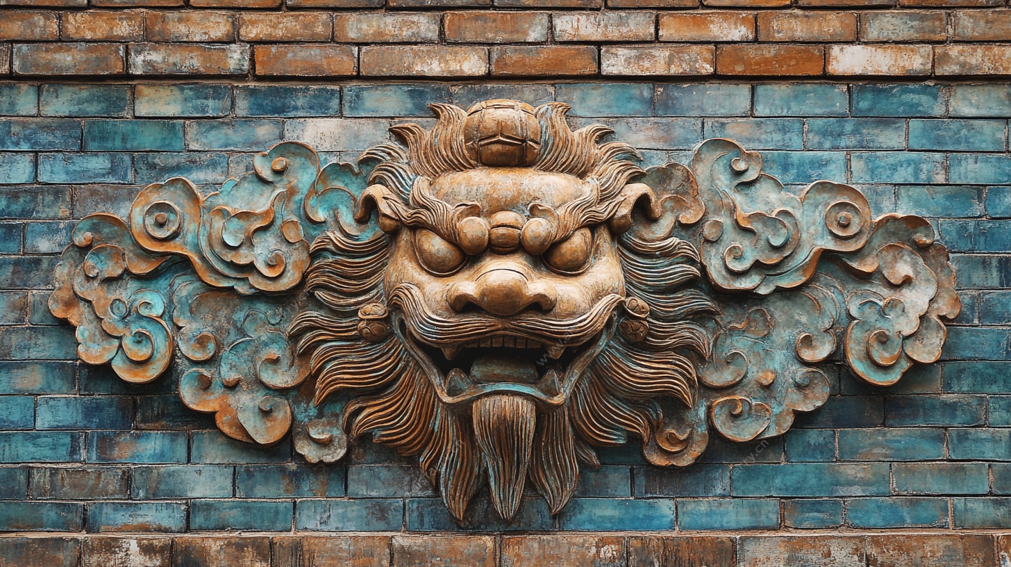 中式砖墙上的精美狮头浮雕