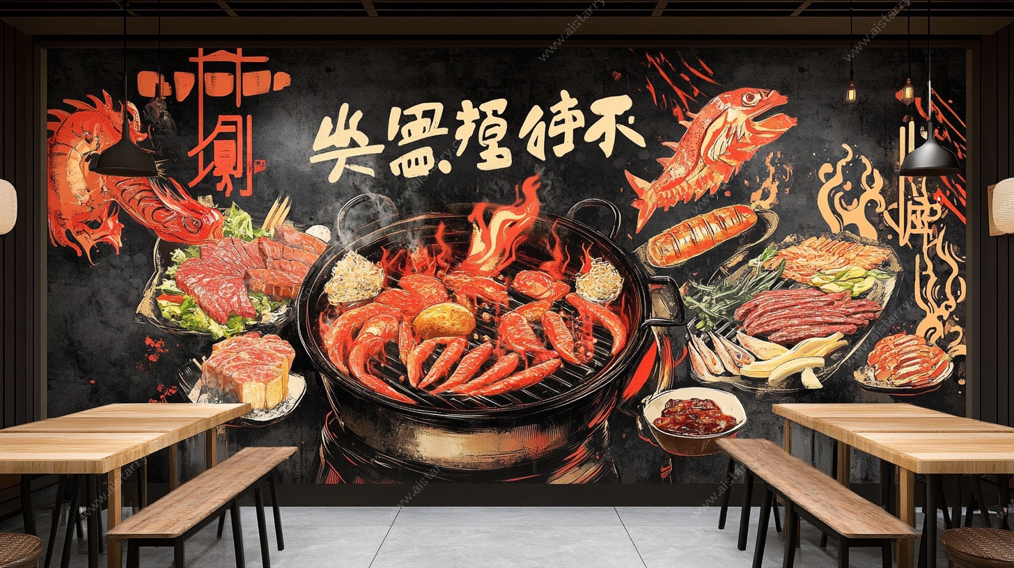 海鲜烧烤主题餐厅背景墙
