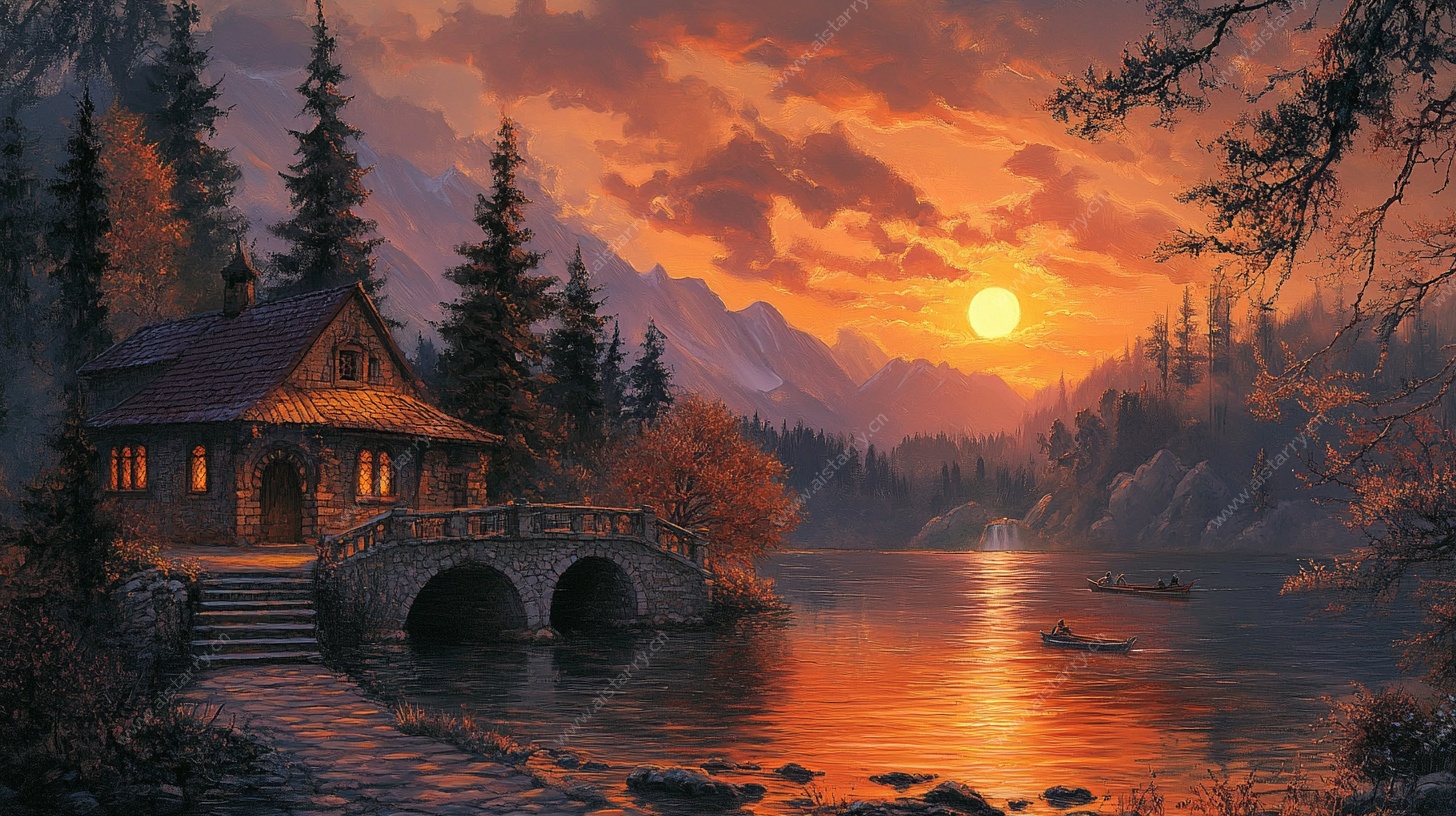 湖畔木屋的黄昏美景