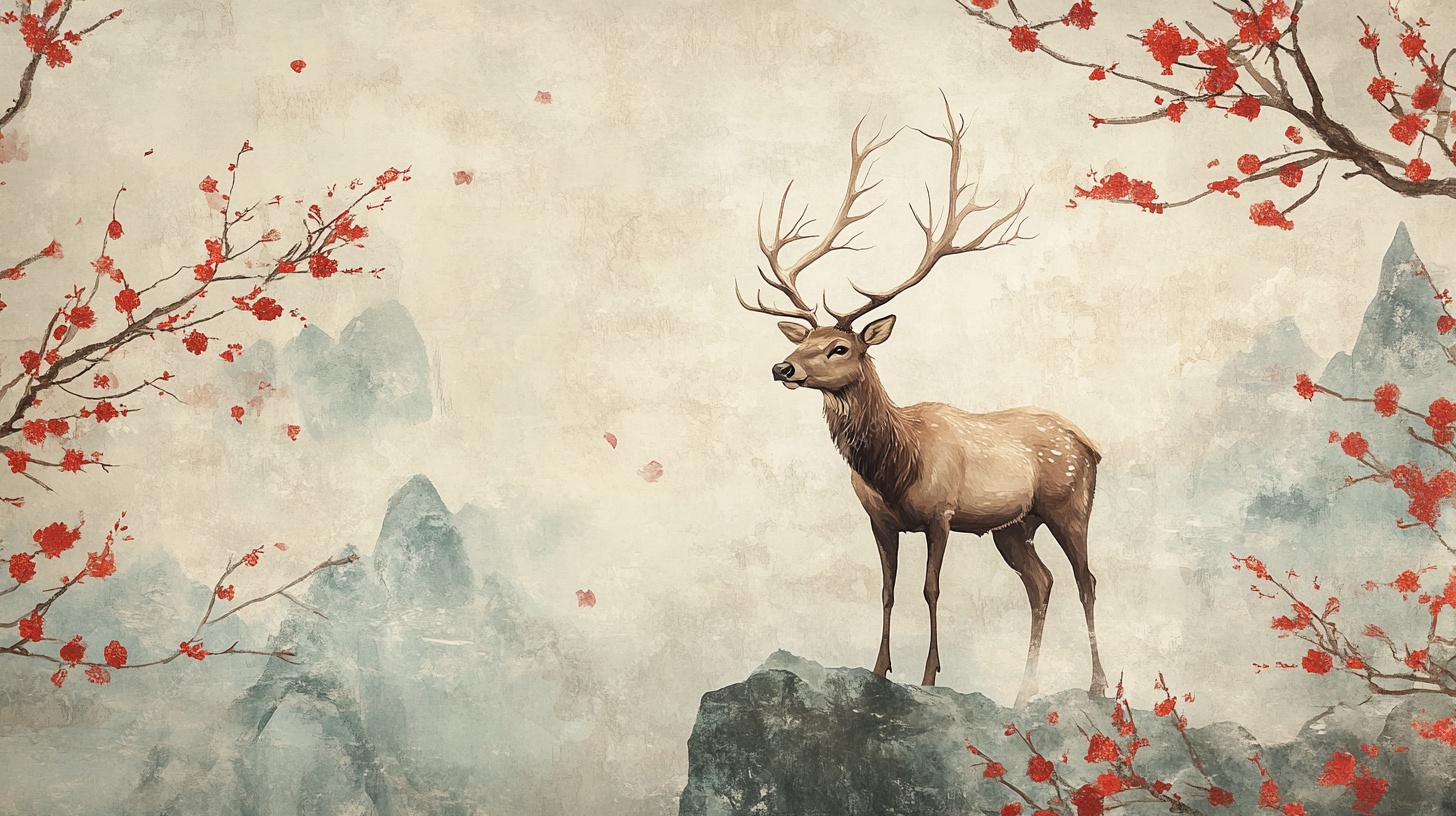 水墨风孤鹿立于山石间