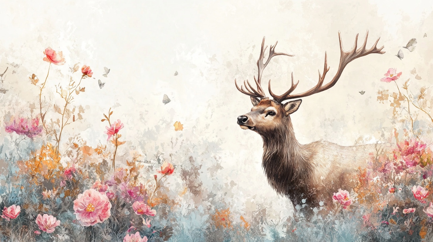 花丛中的优雅雄鹿