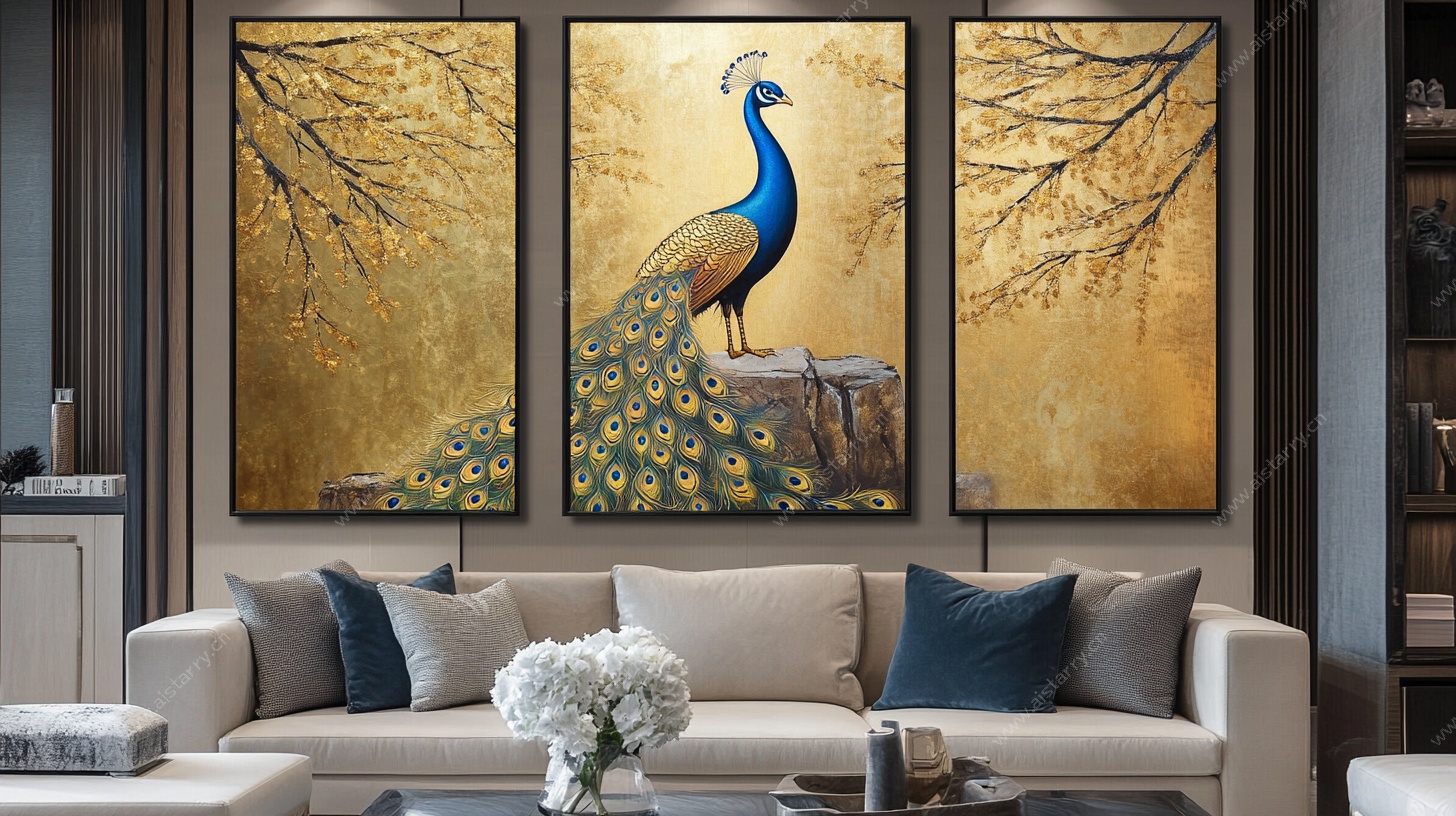 客厅孔雀三联装饰画