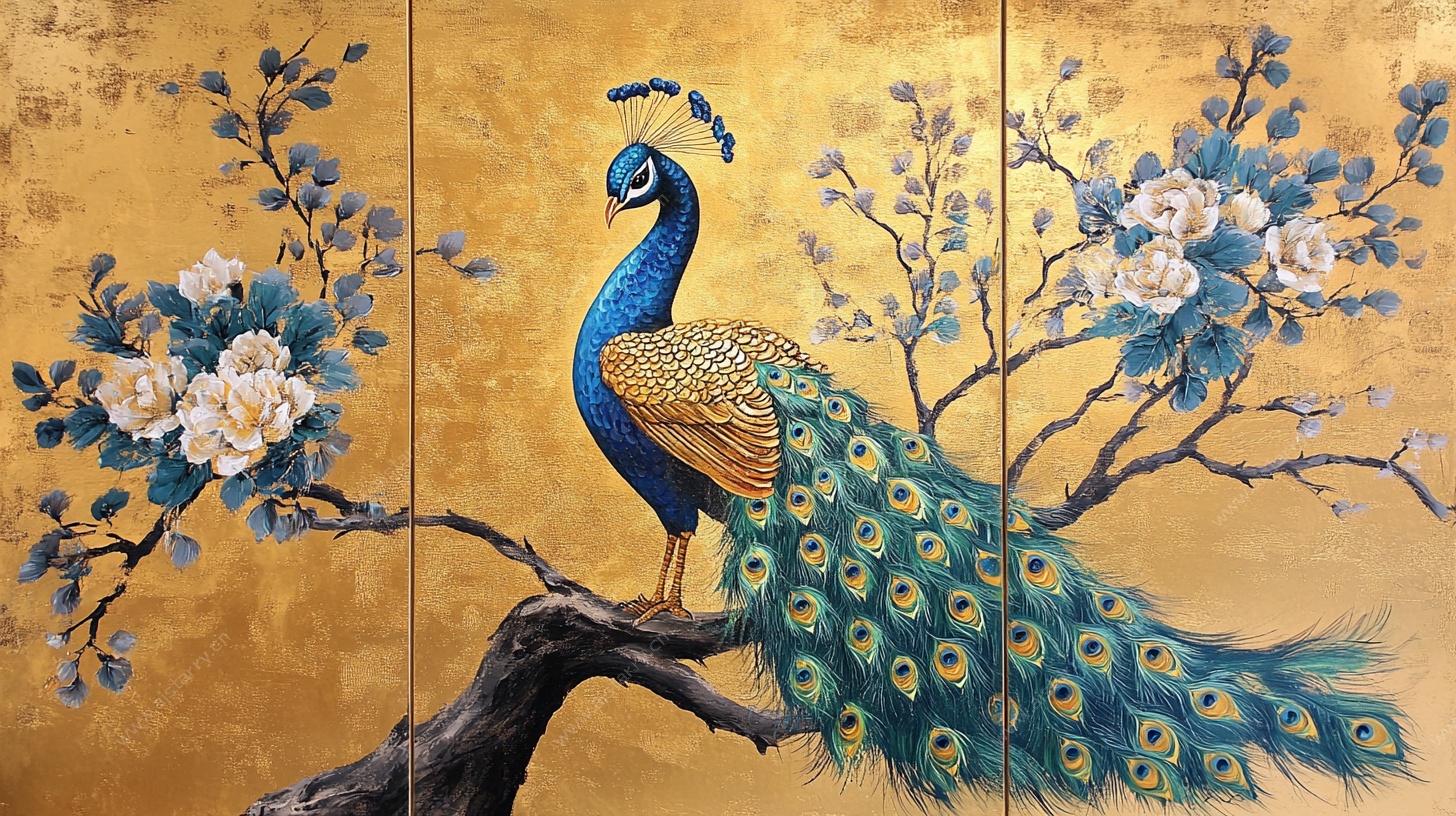 金底孔雀花卉装饰画
