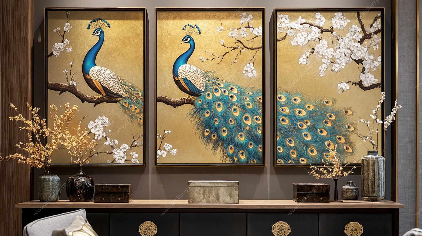 三联孔雀装饰画 中式风