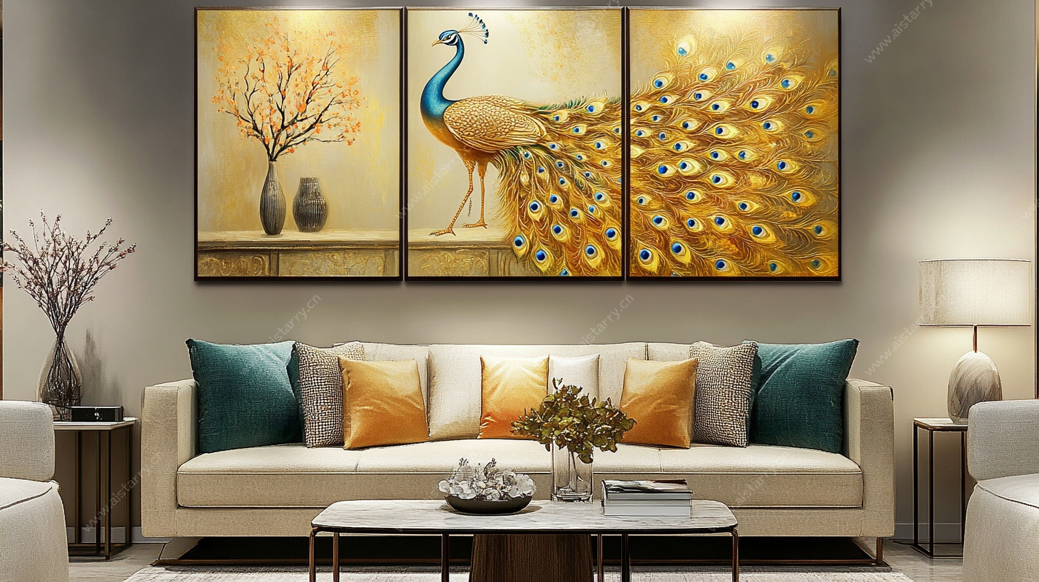 客厅孔雀三联装饰画
