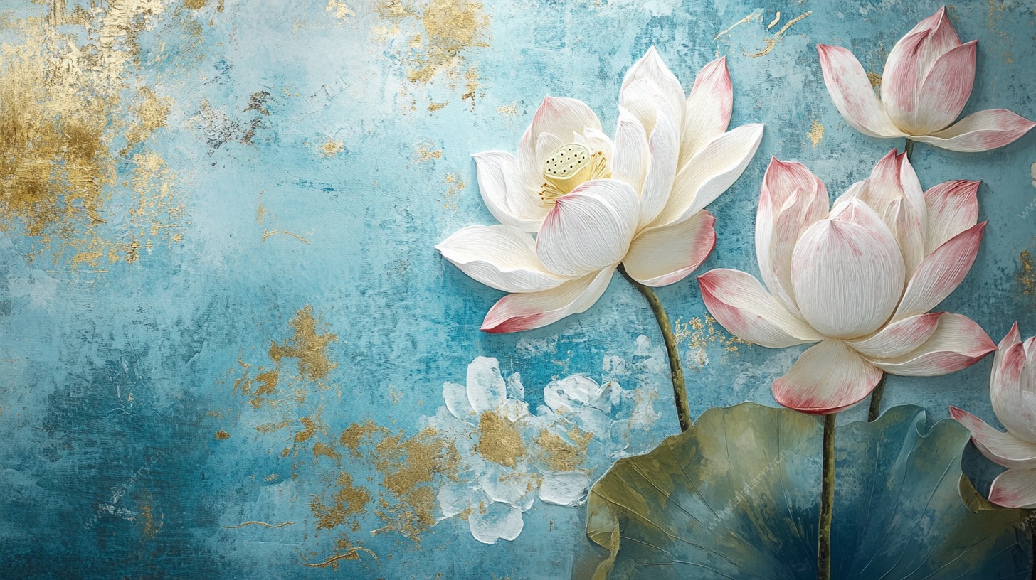 蓝底金纹荷花唯美画作