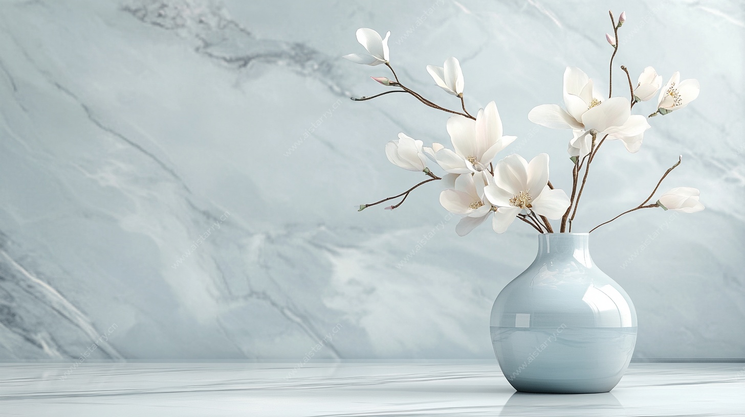 浅蓝色花瓶中的玉兰花