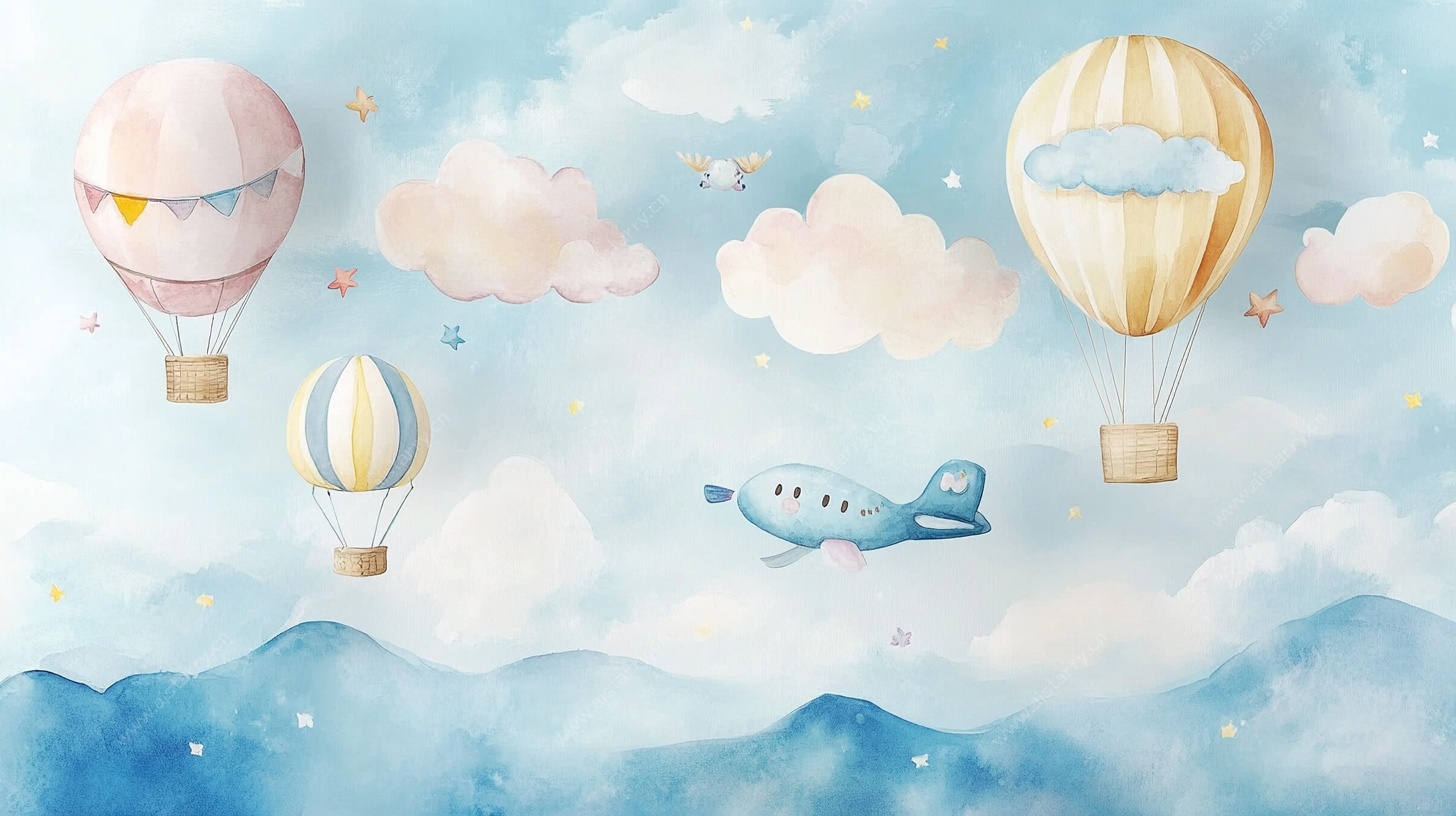 梦幻天空中的热气球与飞机