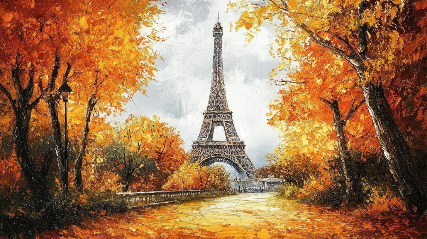 秋日埃菲尔铁塔油画美景