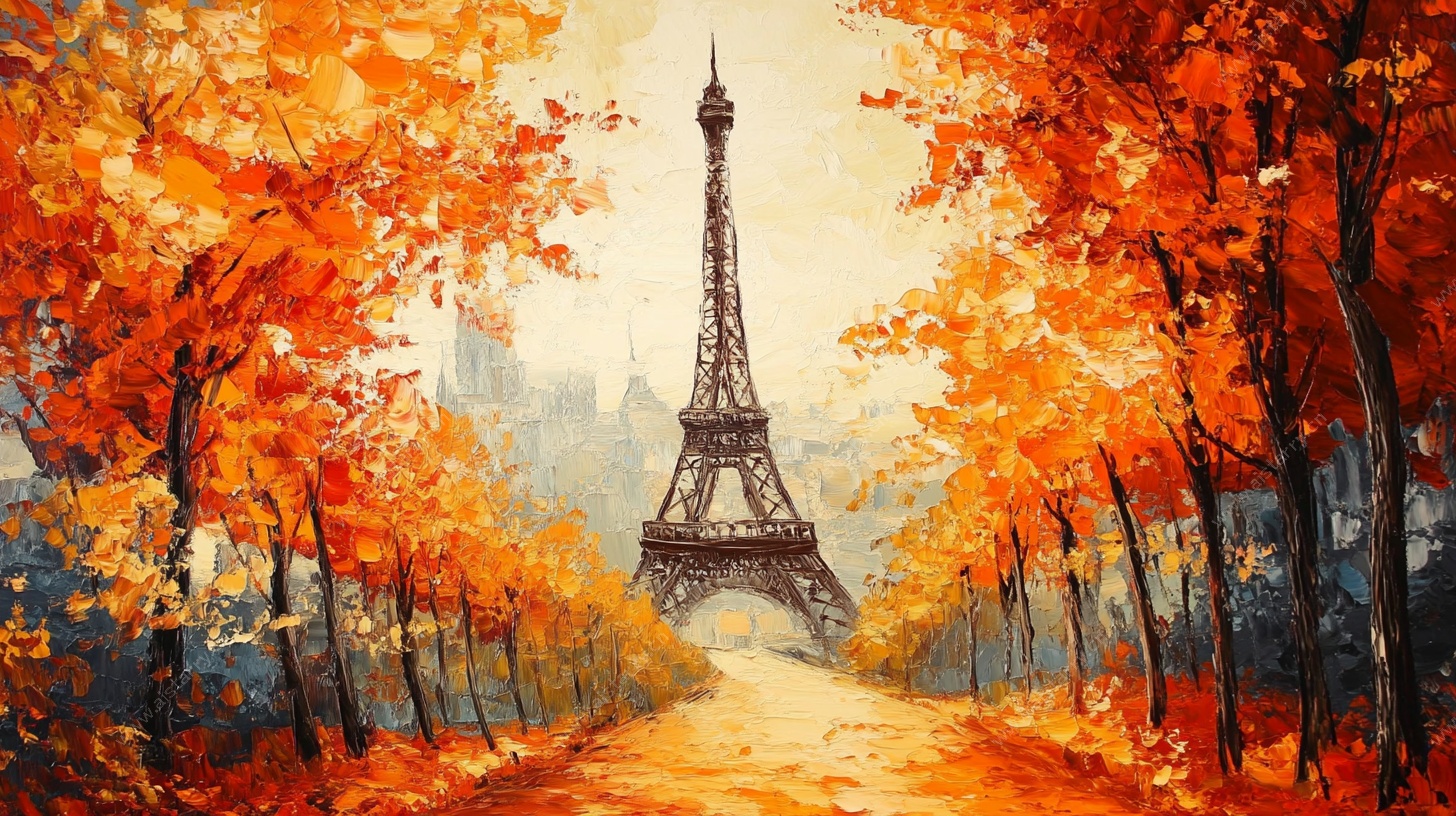 秋日埃菲尔铁塔油画风景