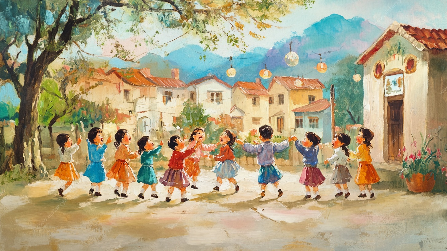 乡村孩童欢乐嬉戏场景