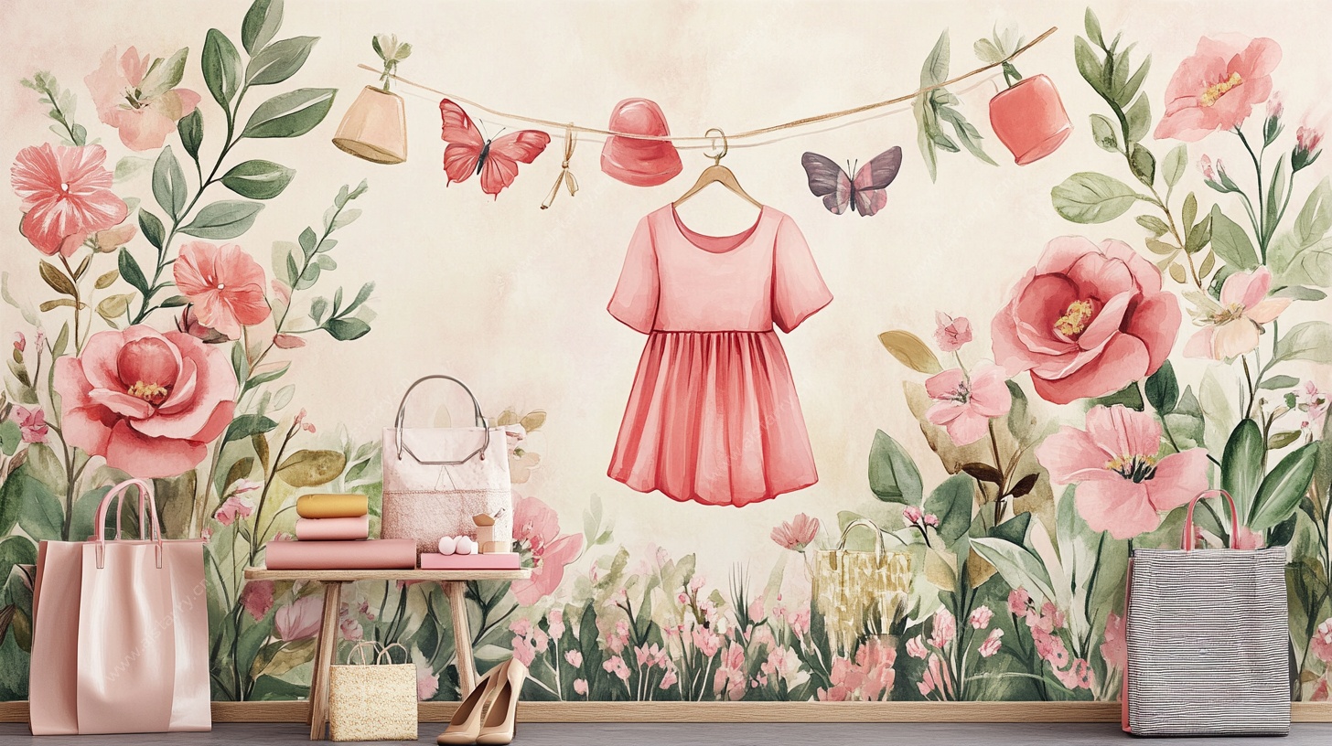 粉色童装与花卉温馨场景