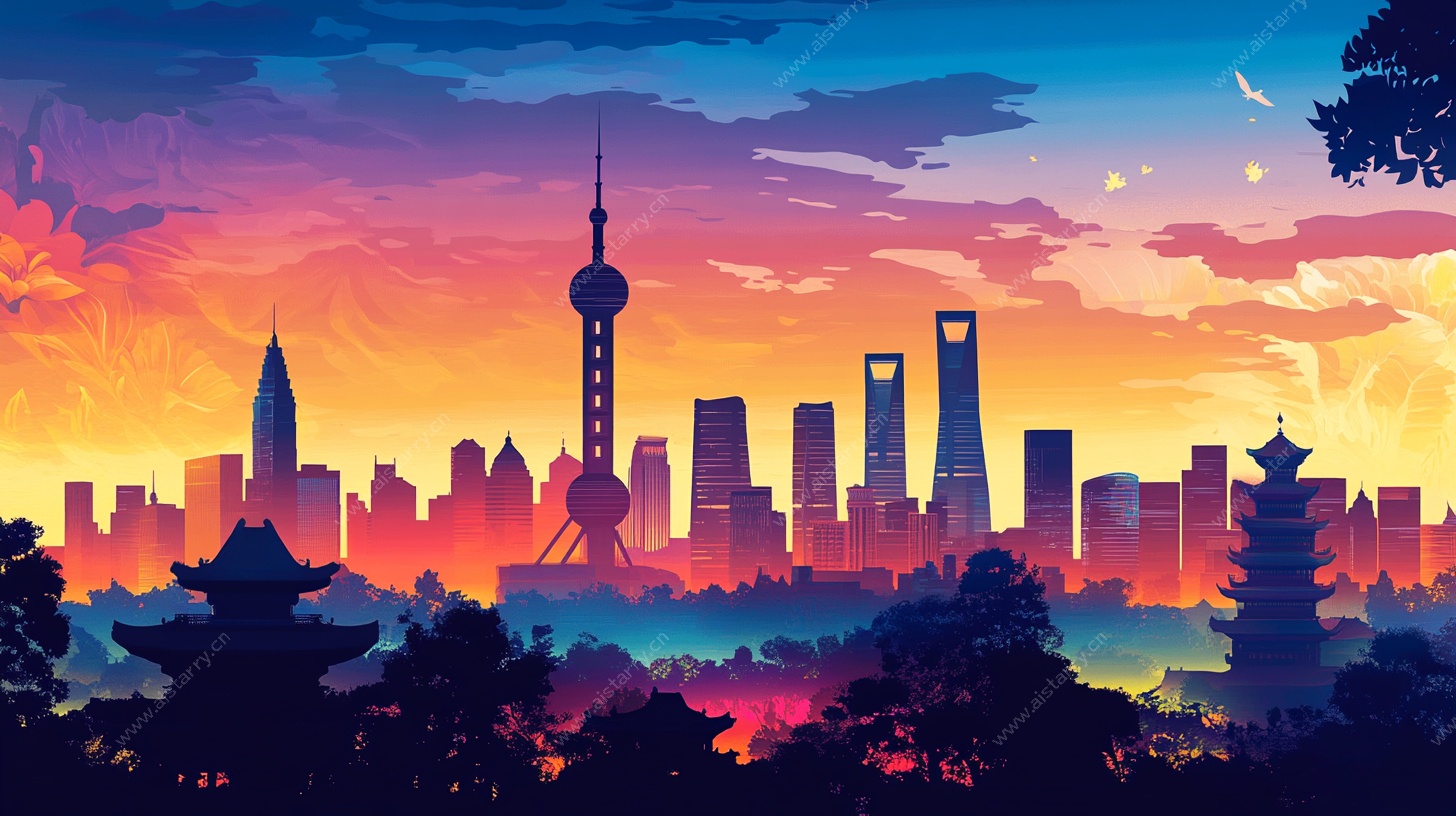 上海城市天际线黄昏美景